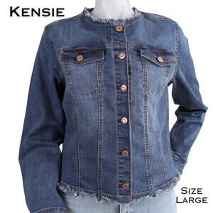 Kensie Denim Jean Jacket Large Blue Raw Hem Collarless Stretch Button Front